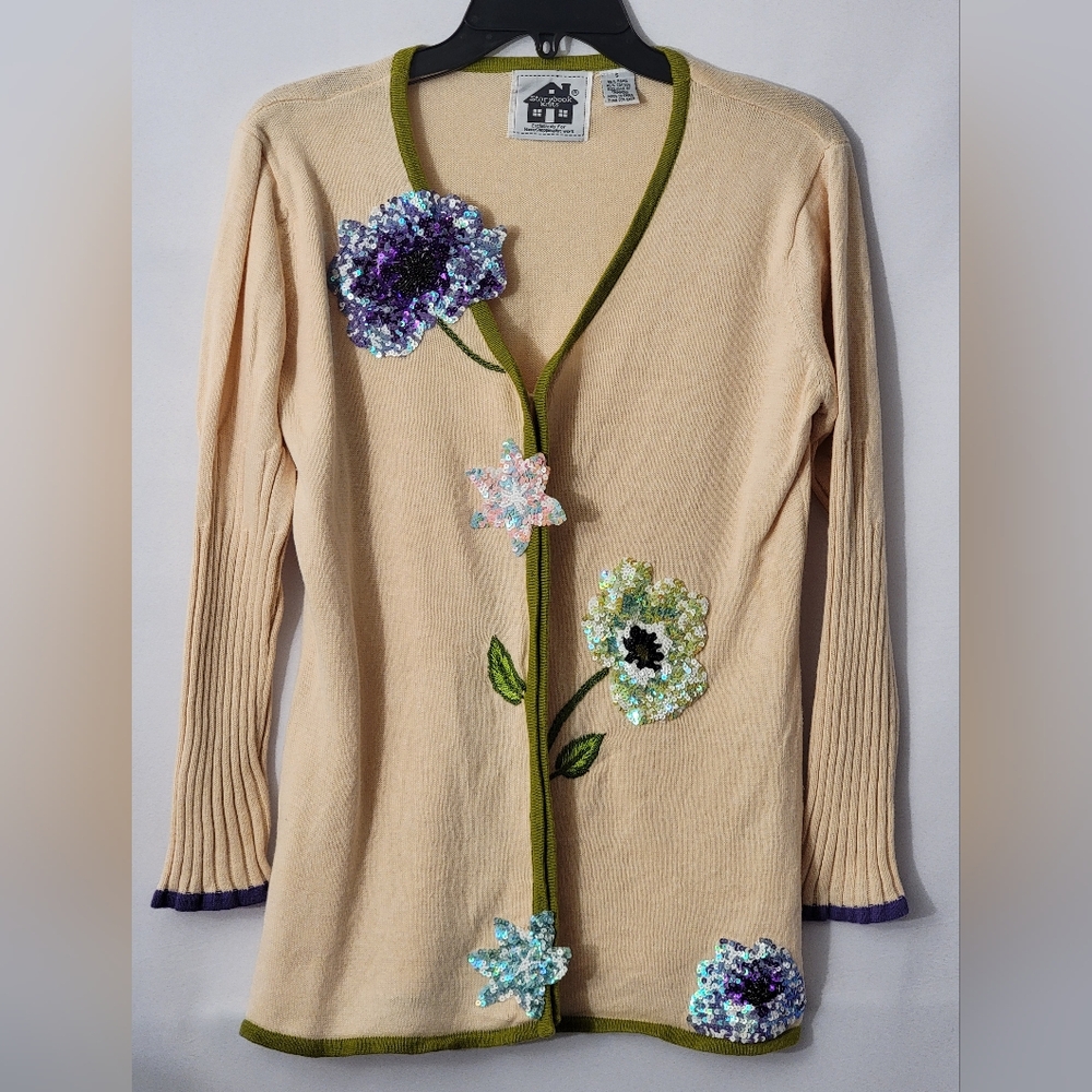 Storybook Knits Cardigan with Sequin Floral Embellishments Size S - Picture 3 of 10